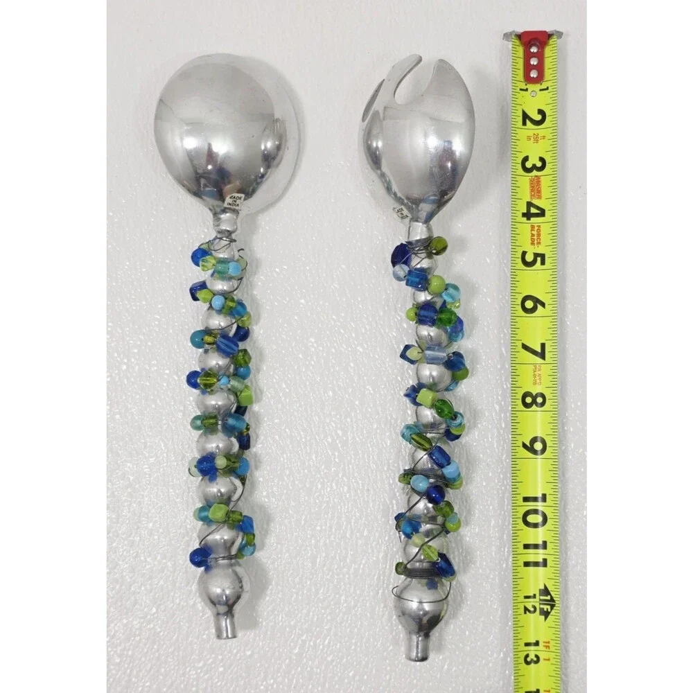 Vintage Beaded Salad Serving Fork and Spoon Set - Multi-Color Handles Large